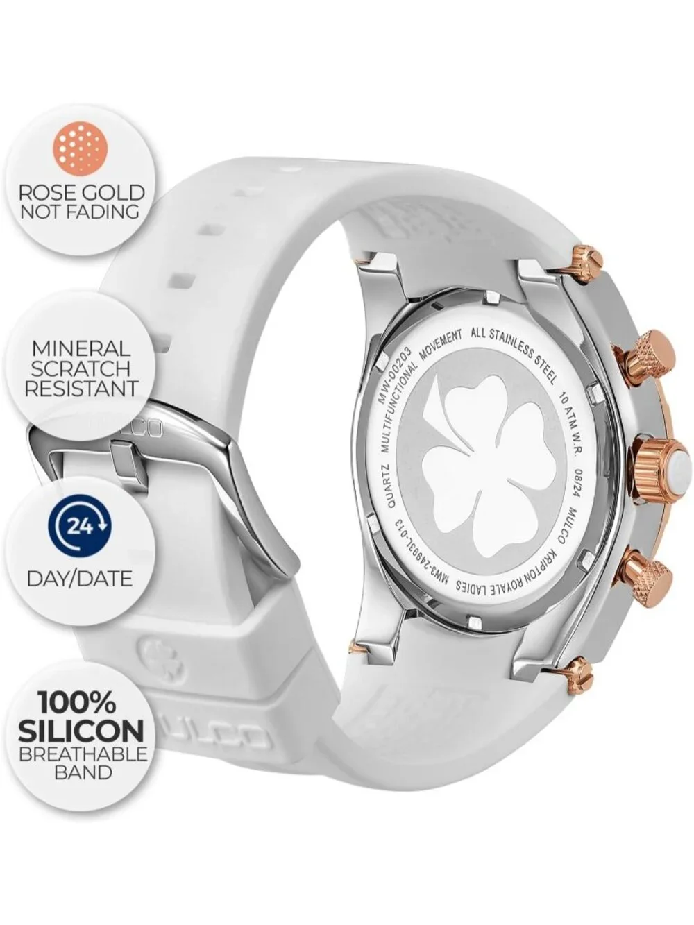 Women's White Rose Gold Large Face Waterproof Stainless Steel Quartz Watches